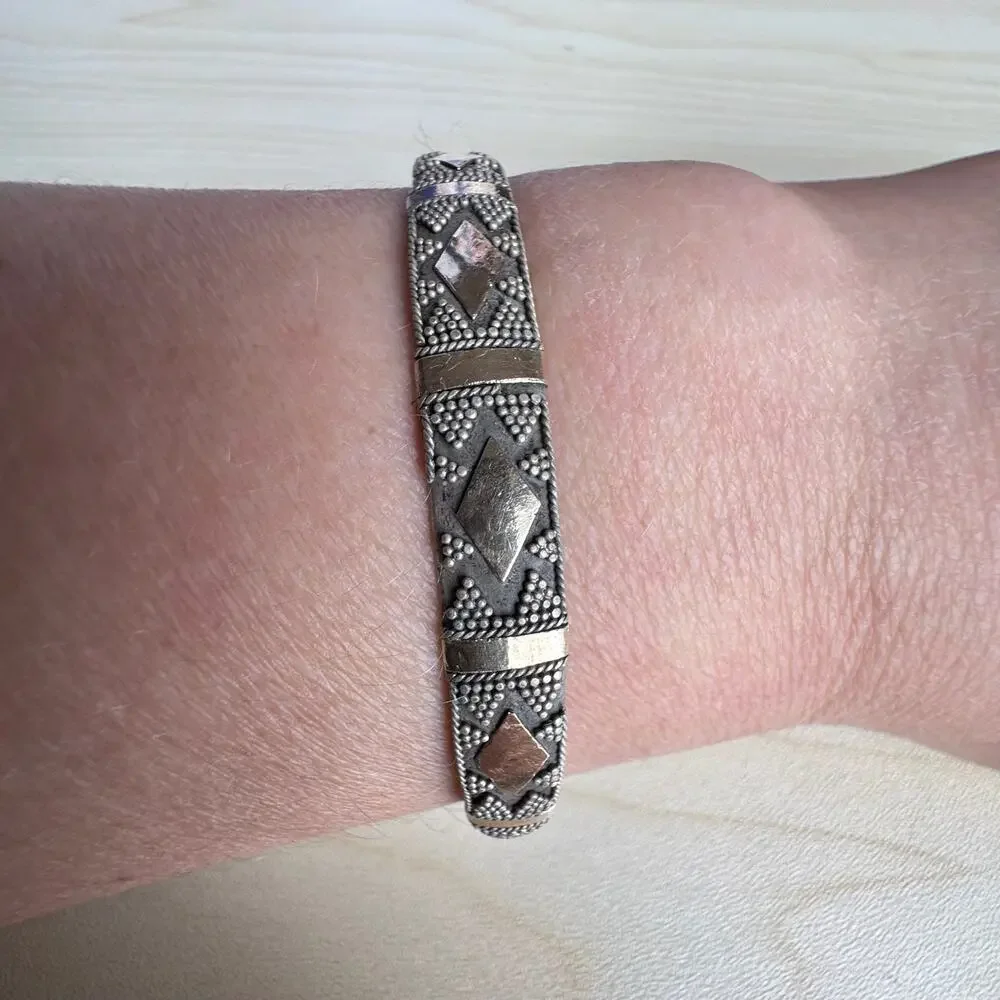 Vintage 925 Silver and Gold Plated Balinese Dot and Diamond Cuff Bracelet